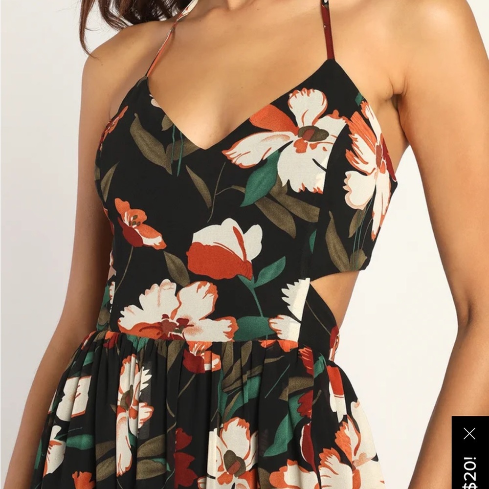 Balmy Beauty Black Tropical Print Halter Cutout Maxi Dress